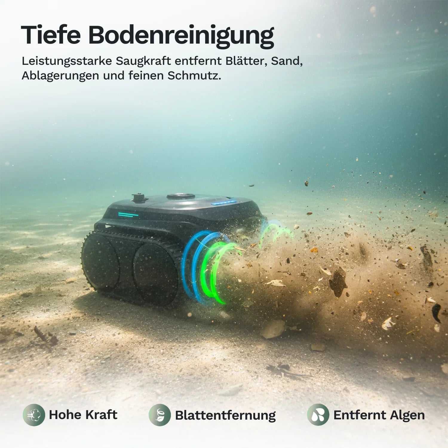 Poolroboter mit Saugvorrichtung, grüne LED-Ringe, nimmt Schmutz am Boden auf