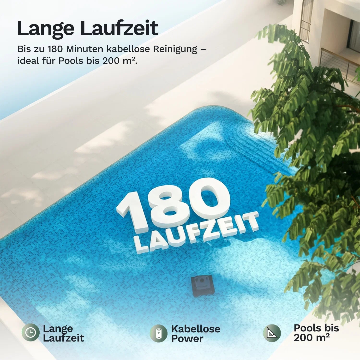 Wybot C2 Poolroboter, kompakte Front mit grüner Beleuchtung, für lange Laufzeit