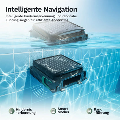 Wybot F1 Solar-Skimmer nahe an der Poolwand, flaches Gehäuse