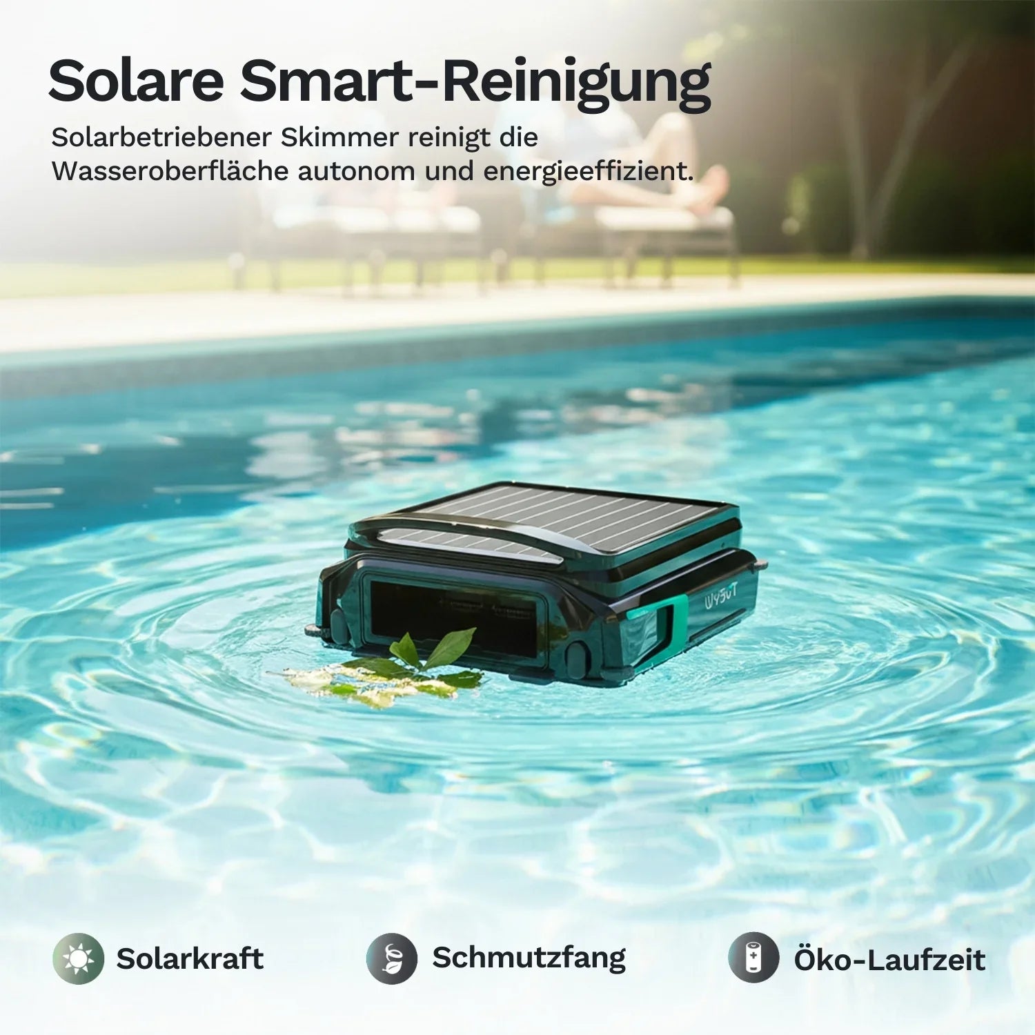 Wybot F1 Solar-Skimmer auf dem Wasser, vorderes Reinigungsfach sichtbar