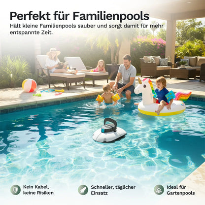 Poolroboter HJ1102P im Pool, rundes weißes Gehäuse, schwarzer Bügel, blaues Modul