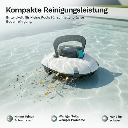 Kompakter Poolroboter HJ1102P reinigt den Poolboden, weißes Gehäuse, blaues Modul