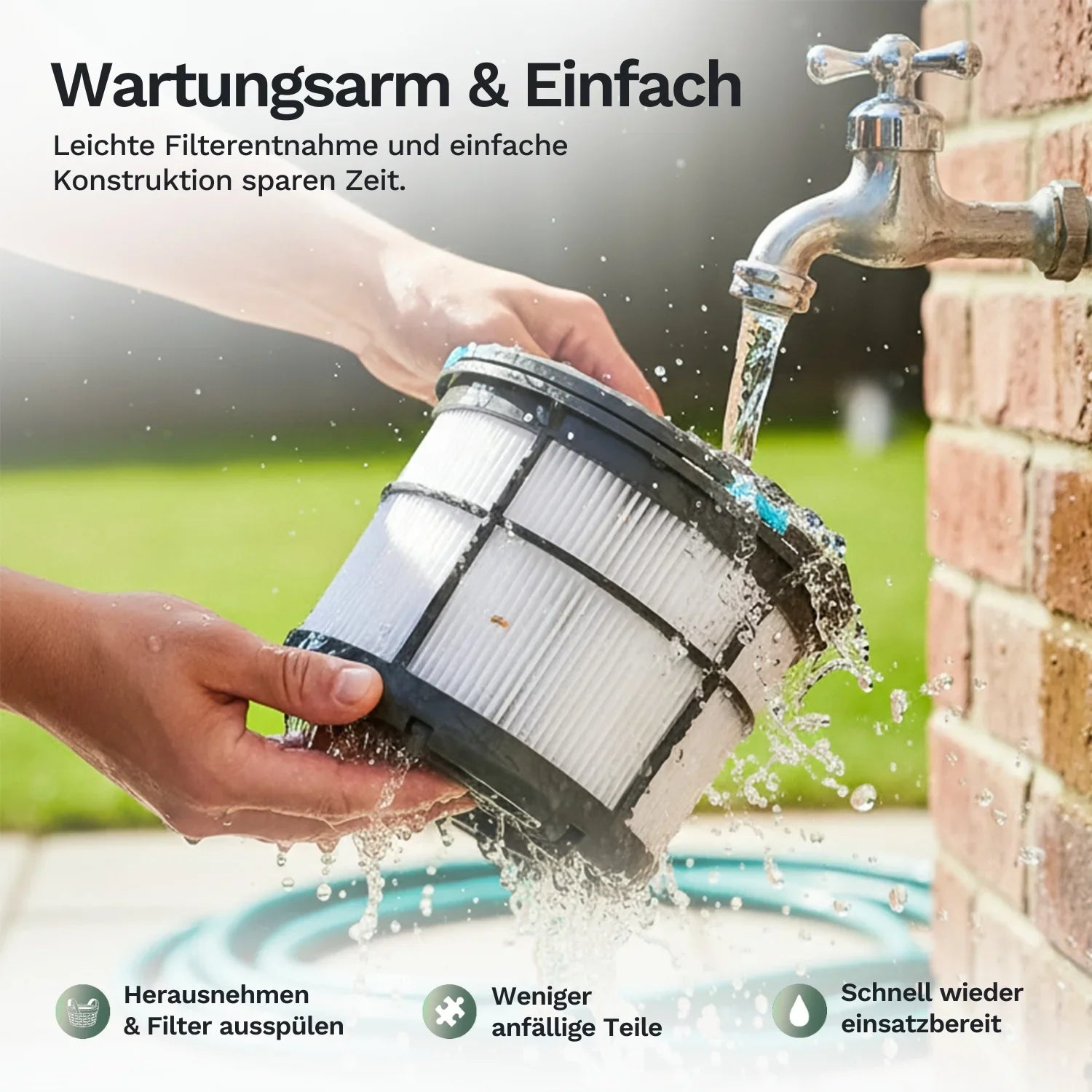 Poolroboter HJ1102P: herausnehmbarer Filtereinsatz, weiße Lamellen, Wasser spritzt