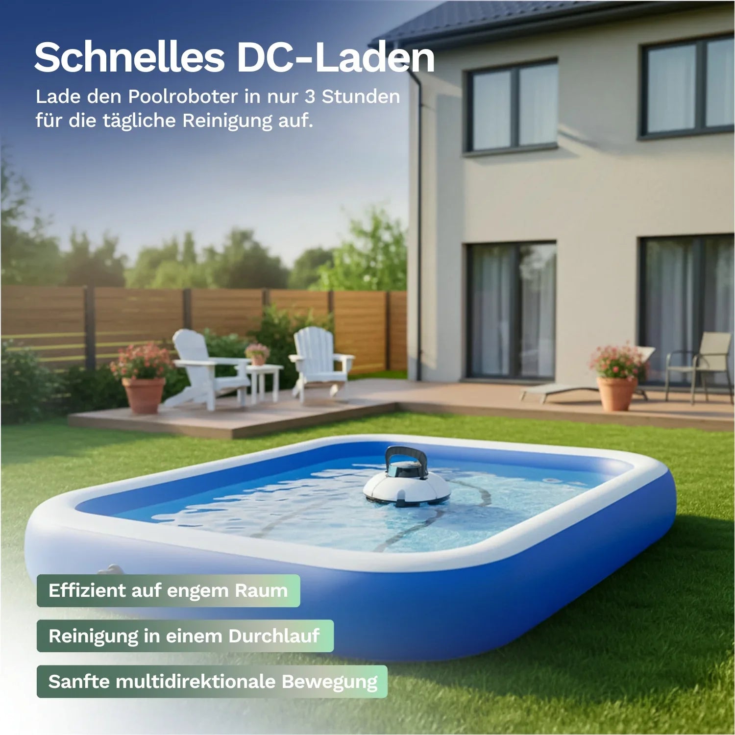 Kompakter Poolroboter HJ1102P im Becken, blaues Modul, weißes Deck, schwarzer Bügel