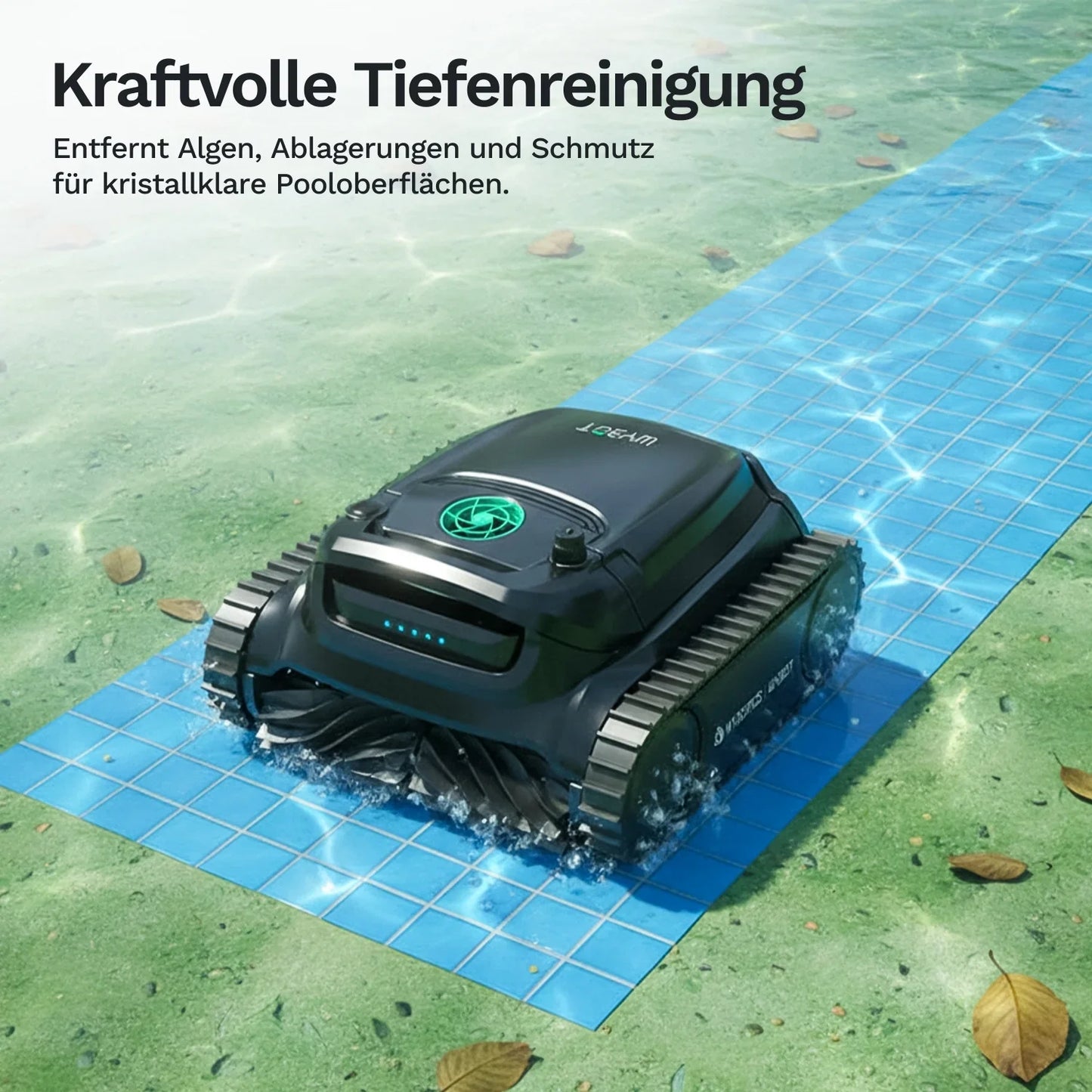 Wybot M1 Poolroboter auf Fliesenfolie, mit grüner Motoranzeige und Antriebsbürsten