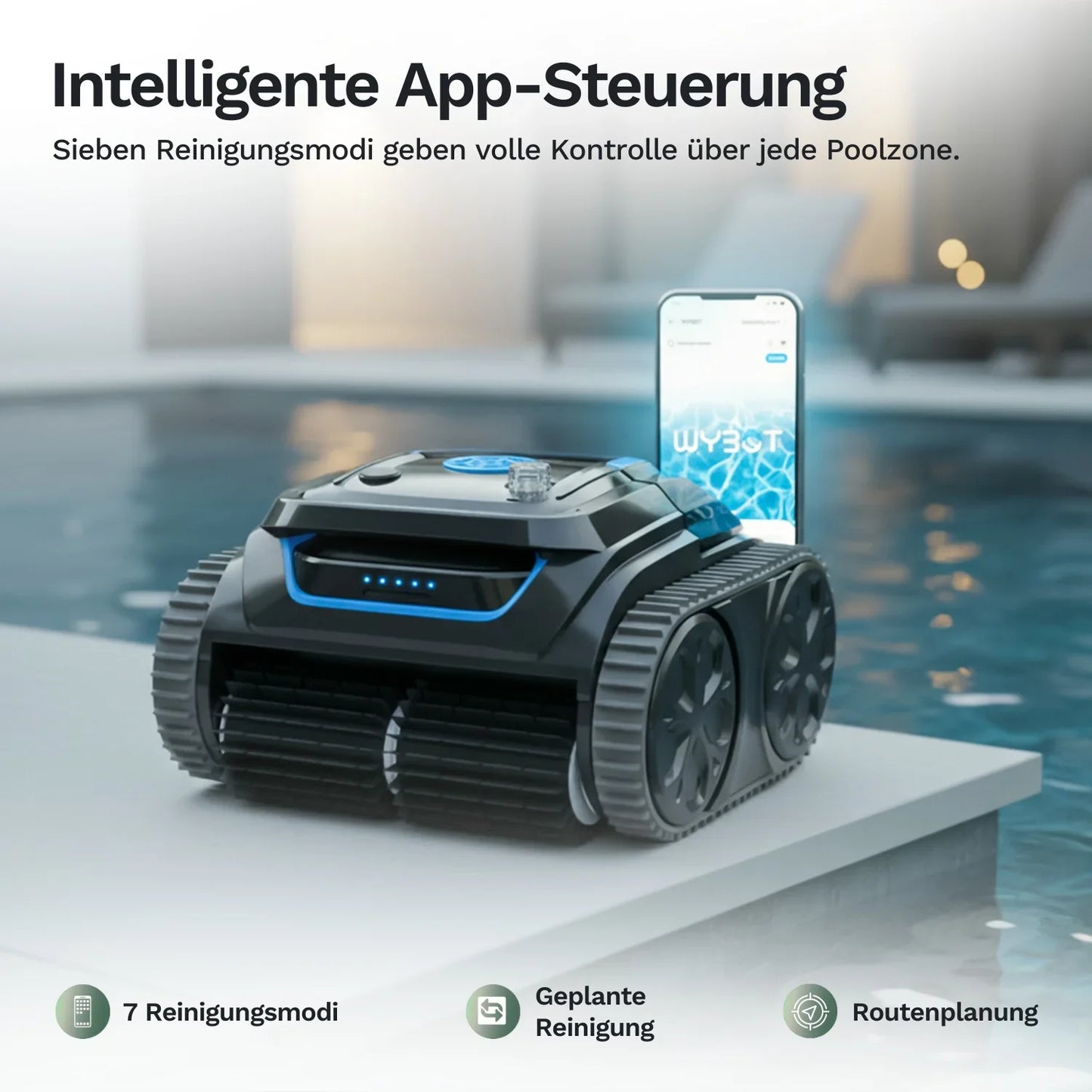 Poolroboter Wybot S1 neben Smartphone mit App-Steuerung und Reinigungsmodi