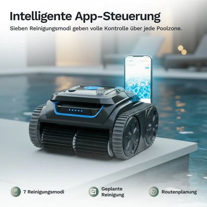 Poolroboter Wybot S1 neben Smartphone mit App-Steuerung und Reinigungsmodi