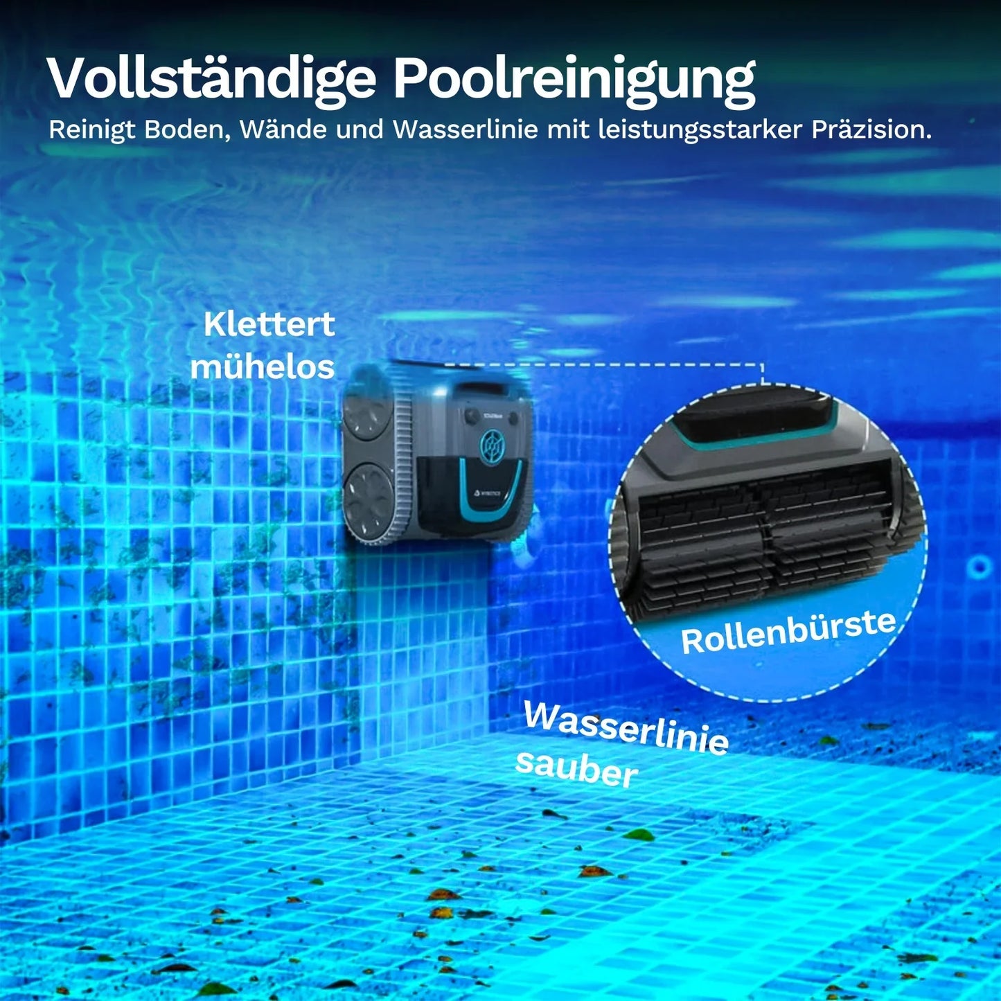 Poolroboter mit Rollenbürste für Boden und Wasserlinie, mit seitlichen Reinigungsbereichen