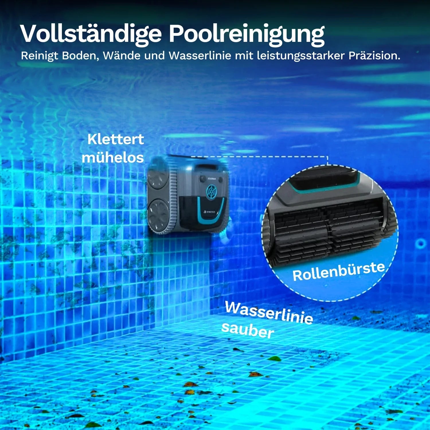 Poolroboter mit Rollenbürste für Boden und Wasserlinie, mit seitlichen Reinigungsbereichen