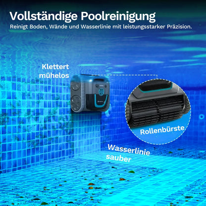 Poolroboter mit Rollenbürste für Boden und Wasserlinie, mit seitlichen Reinigungsbereichen
