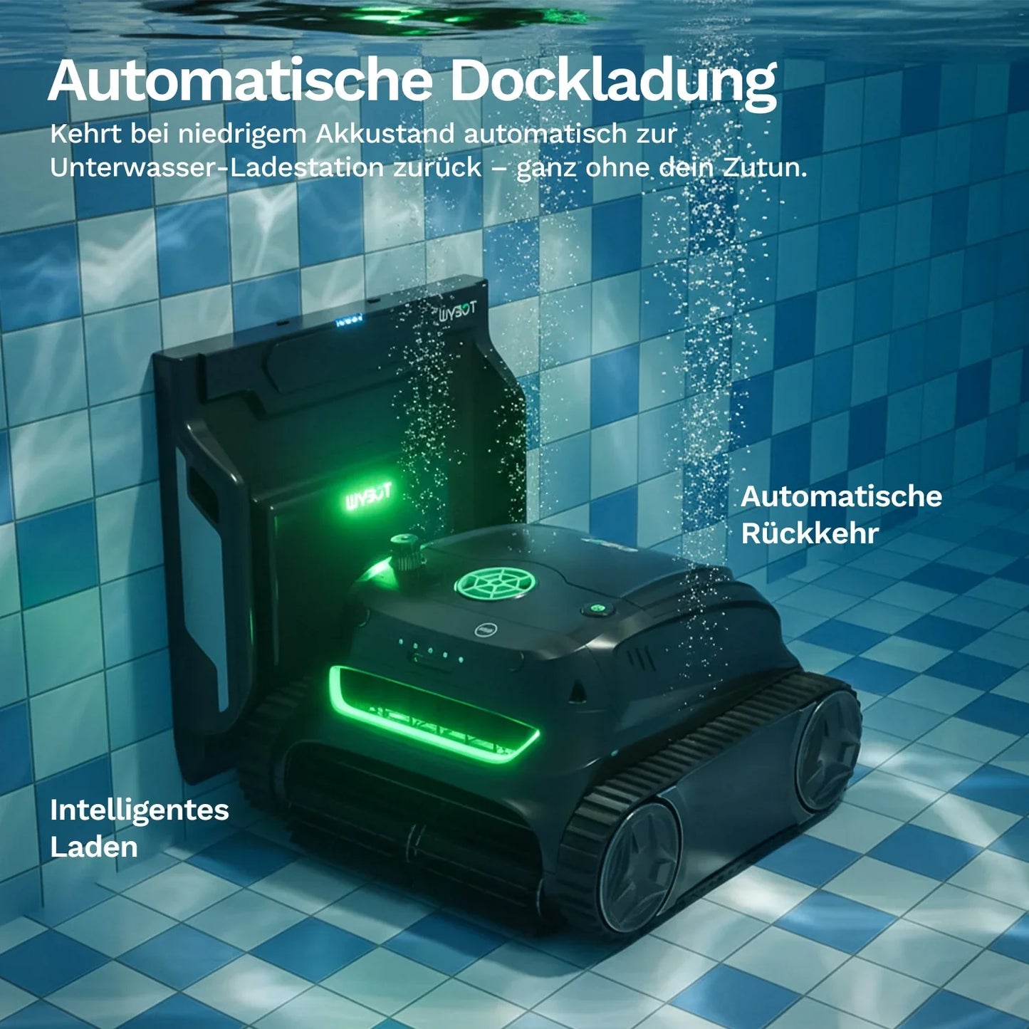 Automatische Dockladestation mit Poolroboter, grünes Licht an Roboter und Station