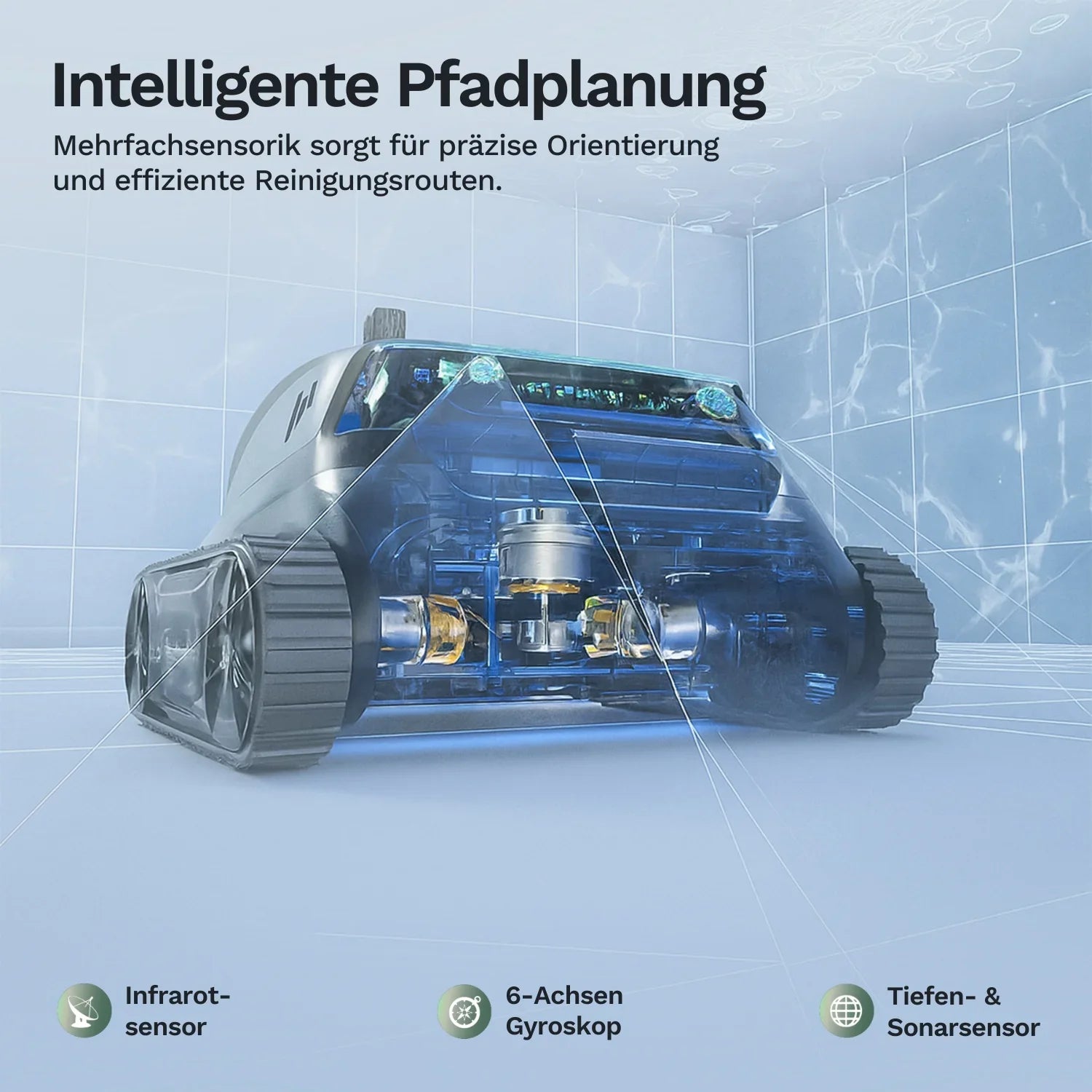 Akku-Poolroboter mit durchsichtigem Innenbereich, Rädern und Sensoren