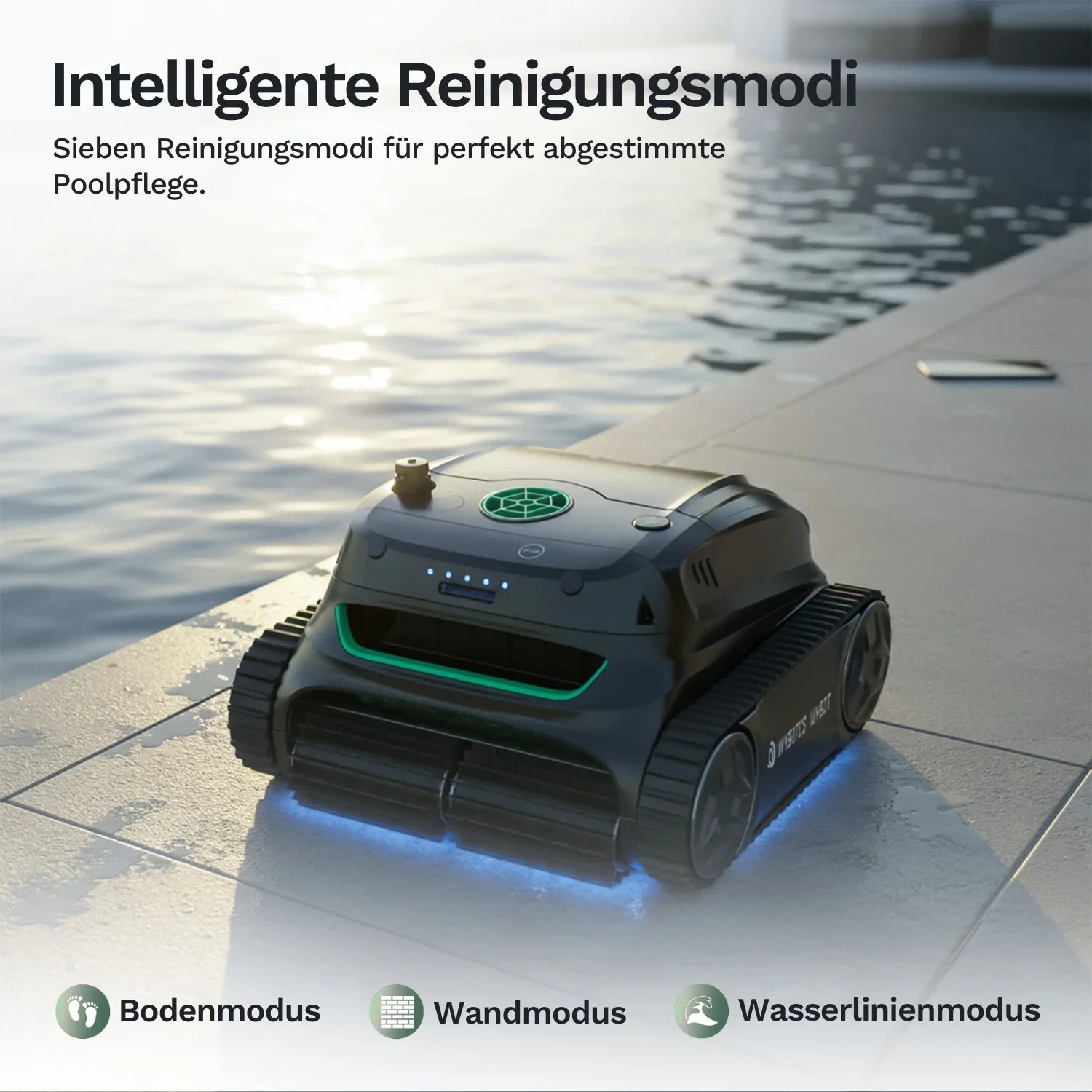 Poolroboter im Einsatz auf Steinboden, grüne LED am Deckel und Reinigungsfront beleuchtet