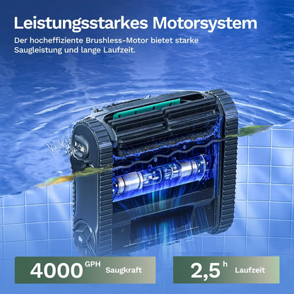 Poolroboter mit Motor-Ansicht: starke Saugkraft und Laufzeit im Bild