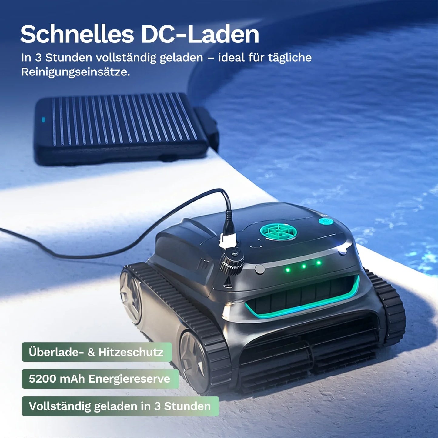 Wybot S2 Solar Poolroboter beim Laden, Kabel und grüne Status-LED sichtbar