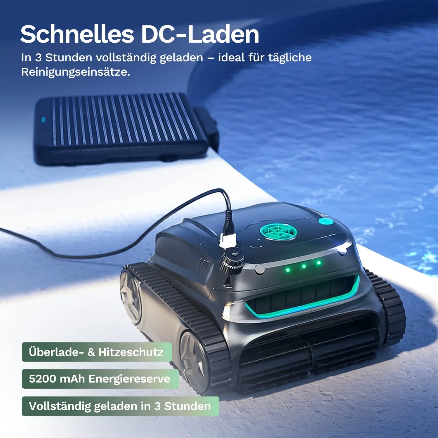 Wybot S2 Solar Poolroboter beim Laden, Kabel und grüne Status-LED sichtbar