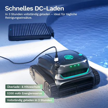 Wybot S2 Solar Poolroboter beim Laden, Kabel und grüne Status-LED sichtbar