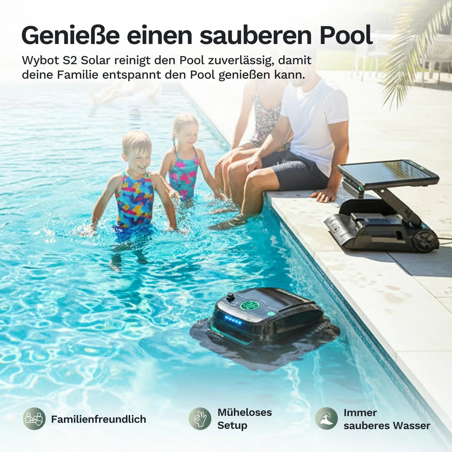 Wybot S2 Solar Poolroboter am Beckenrand, Solarpanel oben sichtbar