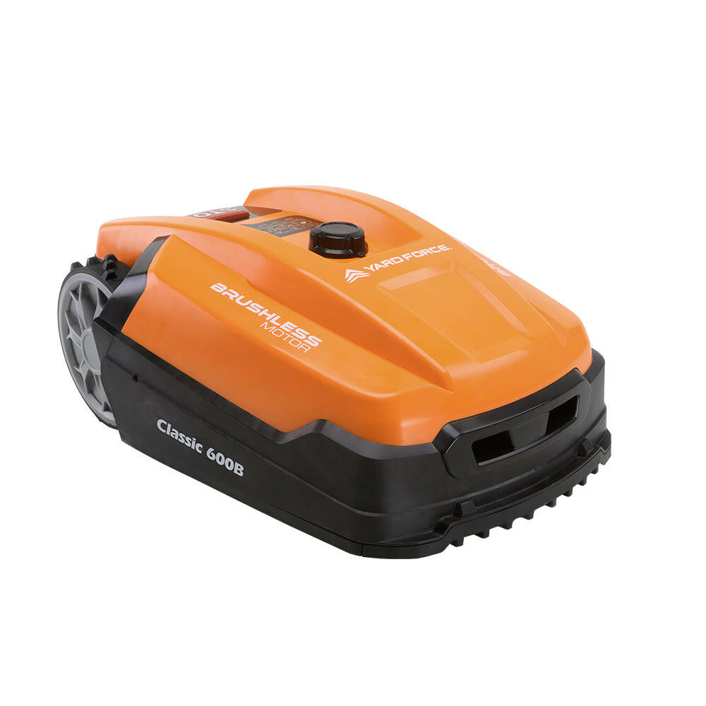 Rasenroboter Classic 600B, orange-schwarz, seitliche Ansicht mit Bedienbereich